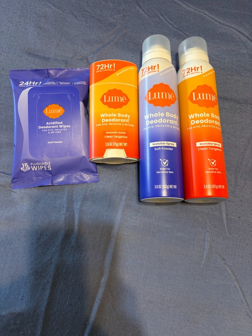 Lume Whole Body Deodorant & Wipes Bundle - Orange and Purple